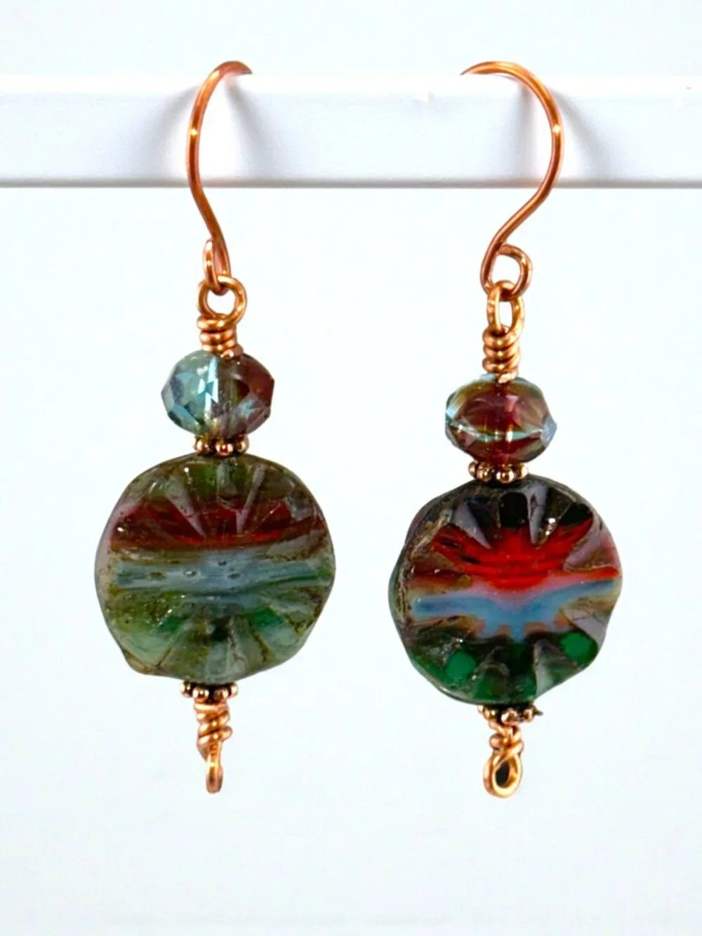Boho Forest Sunrise Earrings Green Red Czech Glass Copper Dangle Beaded Artisan